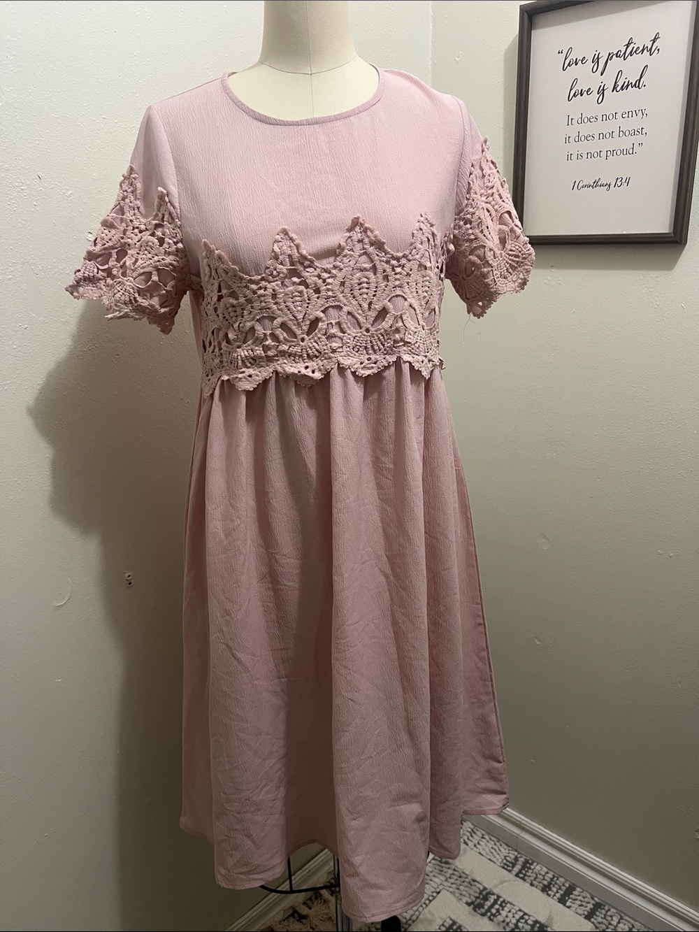 Dusty Rose Crochet Lace Babydoll Dress